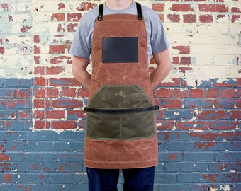 Waxed Canvas and Leather Apron, Waxed Canvas Apron, Work Apron, Cross Straps Apron