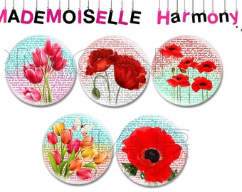 20 mm tulips and poppies 5 glass cabochons size 20 mm cabochons