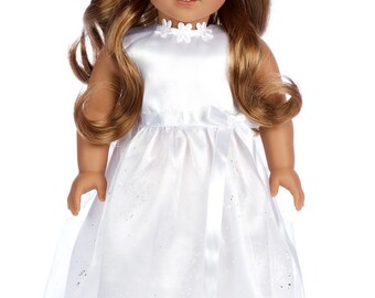 My First Communion - Doll Clothes for 18 inch American Girl Doll - White satin communion dress with matching headband and white shoes