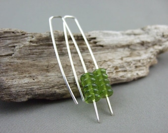 Green Stacked Earrings - Olive Green Czech Glass and Sterling Silver Earrings
