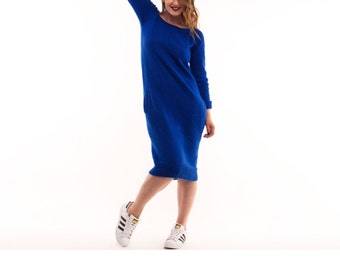 Knit Dress, Knitted Dress, Blue knit Dress - VAJU hand Made