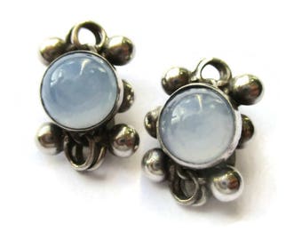 Danish sterling silver clip on earrings, pale blue moonstone glass, Scandinavian clipons, vintage Denmark lavender blue Nordic jewelry #1223
