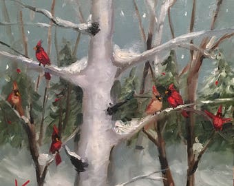 Playful Moment,6"x6", original, oil, birds, cardinals, winter, snow, landscape