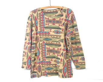Vintage 80s Southwestern Top FORENZA Long Sleeve Cotton Oversized Top Aztec Print