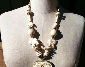Carved Bone Elephant Necklace - Vintage Ethnic - Big Statement Piece - Large Tribal Necklace - Elephant Necklace - Boho Ethnic