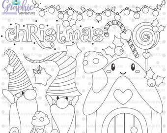 Christmas Stamps Gnome COMMERCIAL USE Digi Stamp Digital Image Digistamp Coloring Page Clip Art