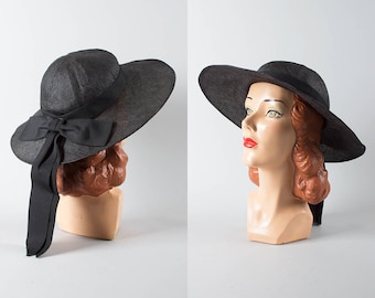 Vintage 1950s Style Sun Hat | 70s Black Woven Straw Wide Brim Sheer Summer Picture Hat