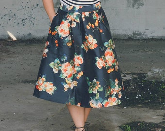 SALE Black Floral Circle Skirt
