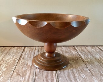 Vintage Wooden Pedestal Bowl, Wooden Bowl, Hand Carved Bowl, Pedestal Bowl