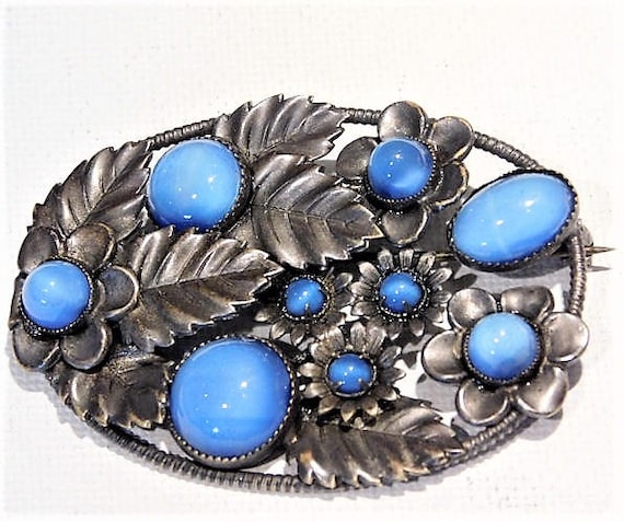 Czech Glass Brooch / Signed CZECHOSLOVAKIA / Blue Moonstone Brooch / Art Nouveau