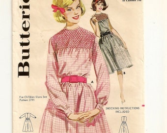 A Sleeveless or Long Sleeve, Gathered / Belted Skirt, Smocked Yoke Dress Sewing Pattern for Women: Retro Size 14, Bust 34" • Butterick 2771
