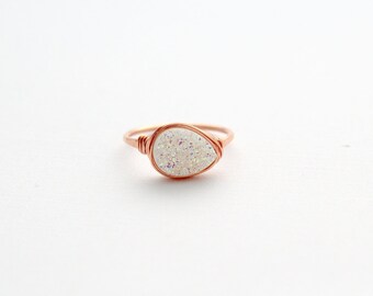 Druzy Ring , Opal White Teardrop Gemstone Quartz Statement Ring , Modern Gemstone Ring in Gold , Rose , Silver - Confetti Cream