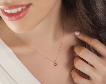 Pink Tourmaline Gold Necklace, 14K Gold Necklace, Rose Gold, October Birthstone Necklace, Tourmaline Drop, Gold Chain Necklace, Gift For Her