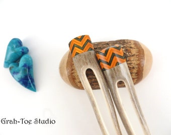 Antler Hair Forks Pair,Antler Hairforks,Grahtoe Studio, Hairfork,Hair fork Antler, Spectraply Wood,Man Bun,Antler hairsticks, Orange chevron