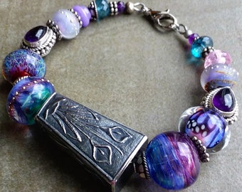Gorgeous purple Lilies, Anne Choi lampwork bead, gemstone Sterling silver bracelet artisan handmade unique OOAK boho jewelry