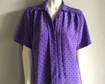 Vintage Women's 80's Purple Blouse, Polyester, Short Sleeve, Geometric by Impressions (XL)
