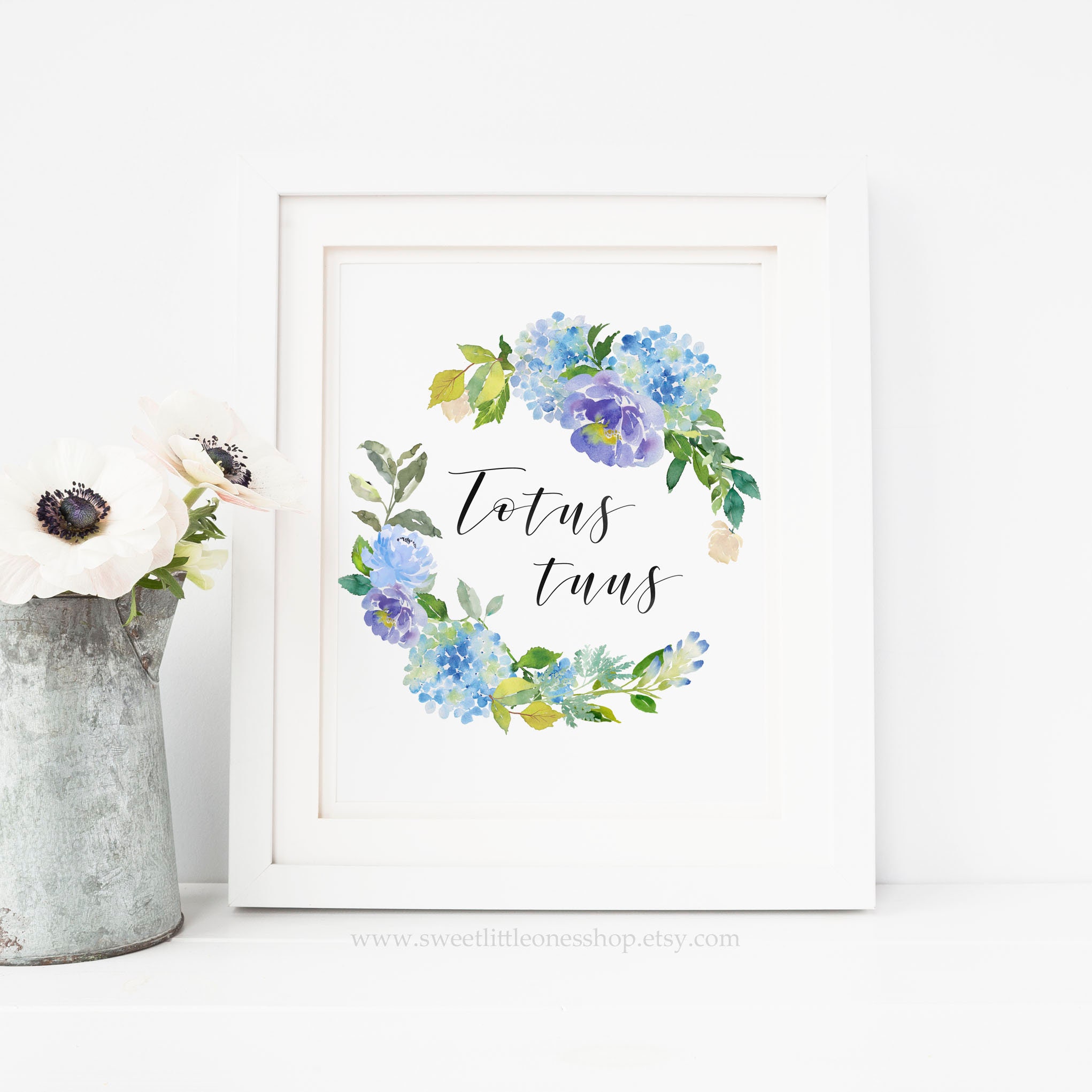 Totus Tuus Printable Wall Art Blue Watercolor Hydrangeas Print