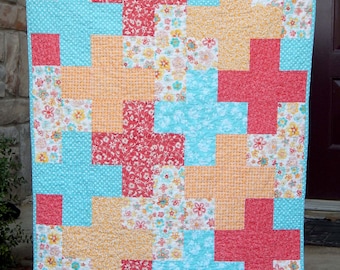 Baby Girl Quilt, Crib Quilt, Orange and Teal Quilt, Aqua Quilt, Baby Gift, Handmade Quilts for Sale, Baby Blanket, Modern Baby Quilt
