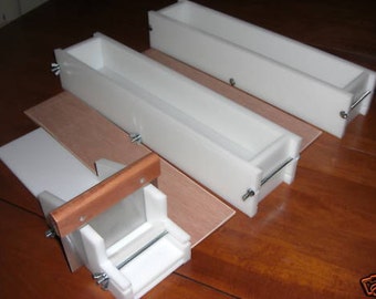 2 hdpe 5 LB Soap Molds,1 Cutter,1 Cutter Blade, 2 Wooden Lids makes 36 Bars E.