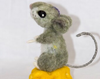 Needle Felted Mouse on a chunk of Cheese Wool Felted Mouse Unique gift