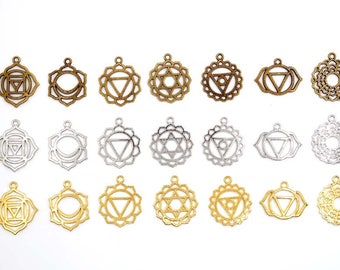 Set Of 7 Antique Bronze, Antique Silver Or Antique Gold Chakra Symbol Pendant/Charms - 32-6