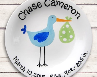 Baby Stork Ceramic Plate - Hand Painted Baby Gift - Stork Baby Shower - Sassy Stork Baby Boy - Personalized Gift for Newborn - New Baby