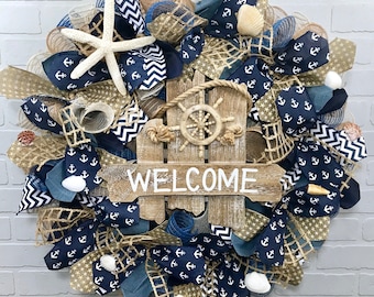 Summer Wreath,Beach Wreath, Coastal Wreath, Nautical Wreath, Burlap Wreath, , Farmhouse Wreath, Front Door Wreath, Welcome wreath, Spring