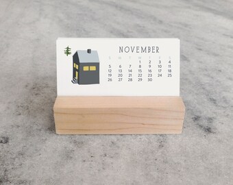 2018 Mini Desk Calendar with Wood Stand, Monthly Calendar, stocking stuffer, illustrated village cottages