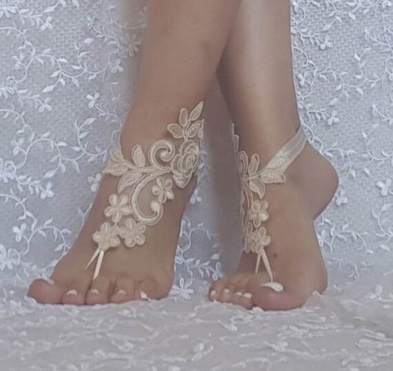 ivory or Champagne beach wedding lace barefoot sandals, bridesmaid gift, bridal shoes, dress accessories, woman gift, prom, tea party, gift