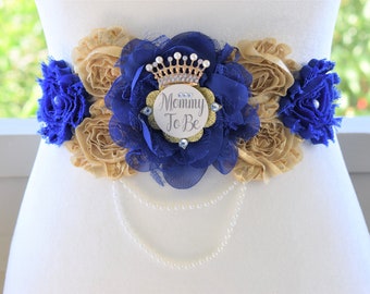 Royal Gold Prince Flower Sash, Royal Gold Maternity Sash, Royal Gold Pregnant Sash, Mommy and Daddy To Be, Royal Prince Baby Shower, Custom
