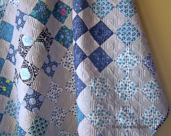 Modern Lap Quilt-Handmade Blanket-Throw Quilt-Sofa Throw-Lap Quilt-Grey and Blue-Patchwork Quilt-Quilts For Sale-Bed Coverlet-Ready to Ship