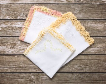 3 white vintage handkerchiefs, crochet lace hankies, embroidery wedding hankie, flowergirl ladies hankies, antique lace edged handkerchief