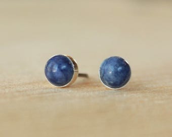 Sodalite Gemstone 5mm Bezel Set on Niobium or Titanium Posts (Hypoallergenic Stud Earrings for Sensitive Ears)