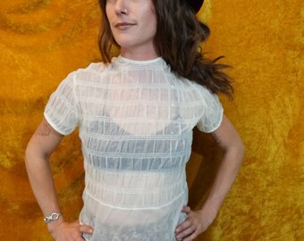 Vintage 50's Sheer White Cream Short Sleeve Blouse/ Sheer Cream Blouse with Back Buttons & High Neckline