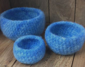 Felted Wool Nesting Bowls - Sky Blue - Set of 3 bowls - Natural Storage Containers - 5 to 3 inches across