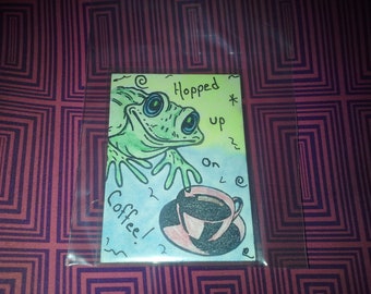 Aceo art card Frog and Coffee