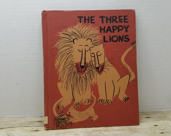 The Three Happy Lions, 1959, Roger Duvoisin, vintage kids book, lion book