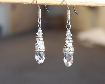 Swarovski Crystal Briolette Earrings, Simple Silver Everyday Dangle Earings, Victorian Style Jewelry, Gift for her, Wife, Mothers day gift