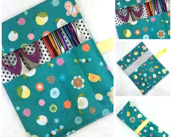 Teal bugs crochet organizer, crochet hook holder, craft pouch, DPN needle case, makeup brush roll, craft organizer, knitters bridesmaid gift