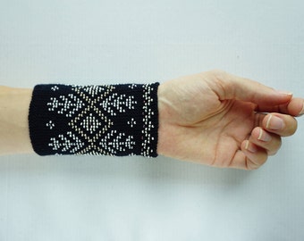 Dark navy and white beaded wrist warmers/ knitted wristlets with beads / woollen cuffs – ready to ship