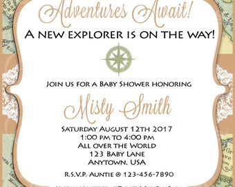 New World Explorer Baby Shower Invitation/ World Traveler Themed Shower Invite