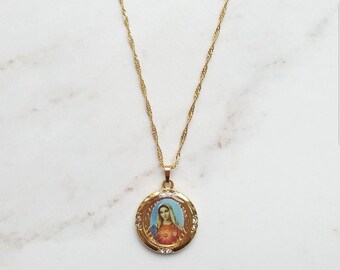 Virgin Mary Necklace, Dainty Gold Medallion Necklace, Mother Mary Pendant, Saint Mary, Religious, Catholic, Gift, Unisex, Men, Coin Necklace
