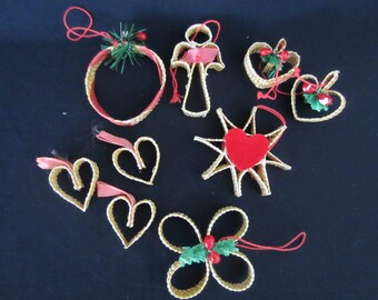 Vintage Scandinavian Nordic straw woven ornaments star/hearts/angel/circle/clover feather tree decor wheat weaving set of 9