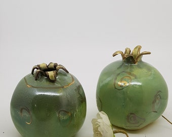 Turquoise green pomegranate, Ceramic pomegranates Judaica, decorated with gold, Handmade Ceramic Pomegranate, Rosh Hashana, GIFT, 1301