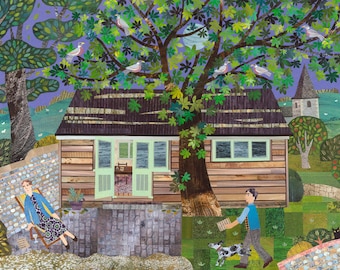 Virginia Woolf Art Print·Bloomsbury Group·Writers Houses·Monk's House·Naive Art·Collage·Fine Art Print·Writer's Shed·Garden·Trees·Birds·Dog