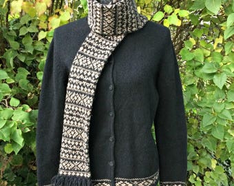 Black Knit Button Up Sweater / Black and Tan Sweater Attached Scarf / Black Wool Cardigan / Black Wool Button Up Sweater / Sweater and Scarf