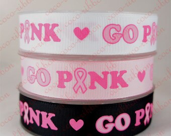 10 Yards 7/8" (22mm) Go Pink Breast Cancer Awareness Ribbon Grosgrain Ribbon K04