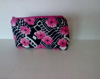 Black and Pink Floral Quilted Zipper Pouch