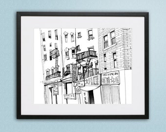 New York City, NYC, Downtown, Chinatown, Ink Illustration