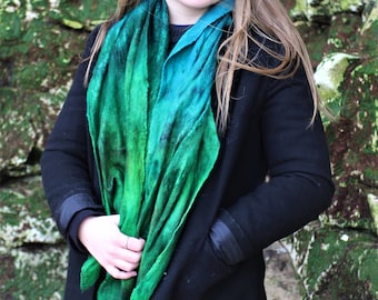 Green and Blue Tassled Nuno Felted Scarf